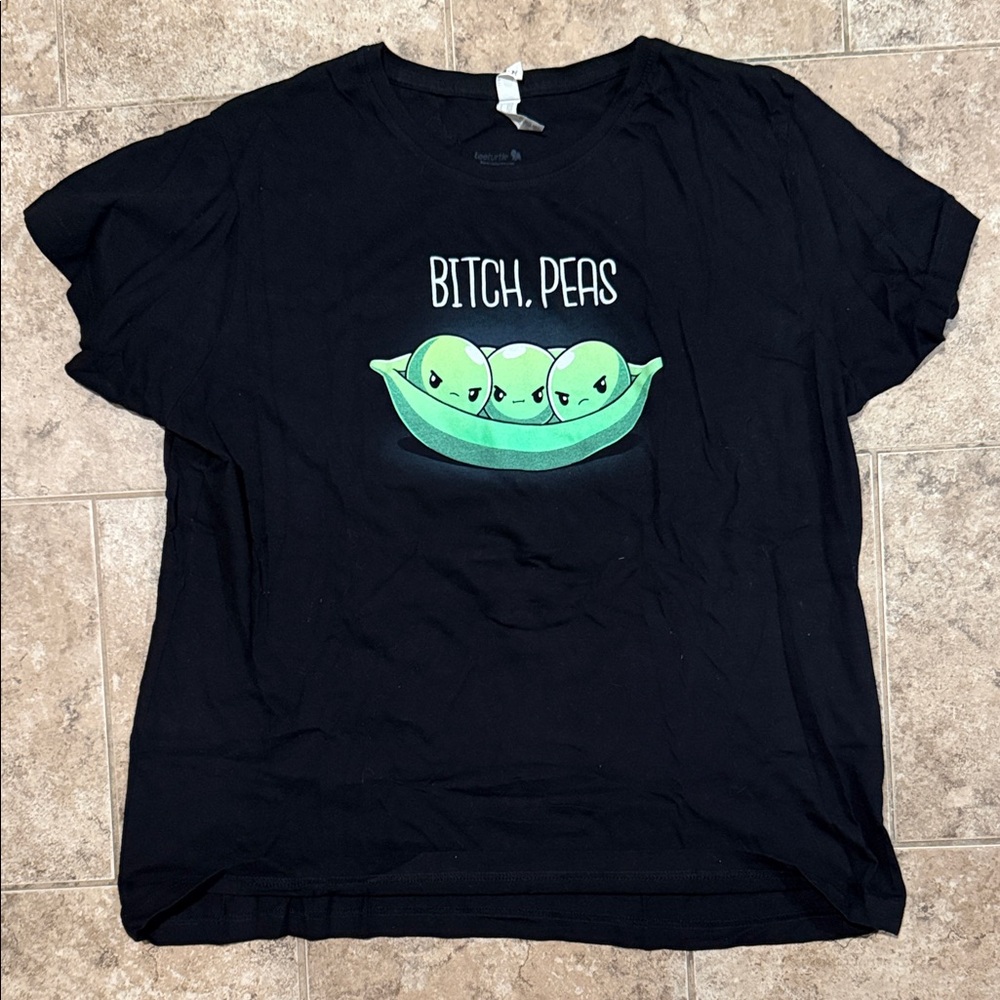 Playful Black Tee with Green Peas Graphic